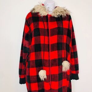 Womens M Pajamas Red Buffalo Plaid Fur Hooded One Piece Flannel Holiday Xmas